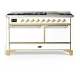ILVE Majestic III 60-inch Dual Fuel Range with 5 Liquid Propane Burner, Griddle and Solid Door Electric Oven in White with Brass Trim (UM60FQNR3WHGLP)