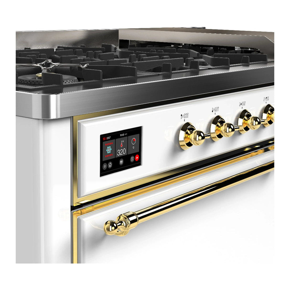 ILVE Majestic III 60-inch Dual Fuel Range with 5 Liquid Propane Burner, Griddle and Solid Door Electric Oven in White with Brass Trim (UM60FQNR3WHGLP)