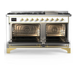 ILVE Majestic III 60-inch Dual Fuel Range with 5 Liquid Propane Burner, Griddle and Solid Door Electric Oven in White with Brass Trim (UM60FQNR3WHGLP)