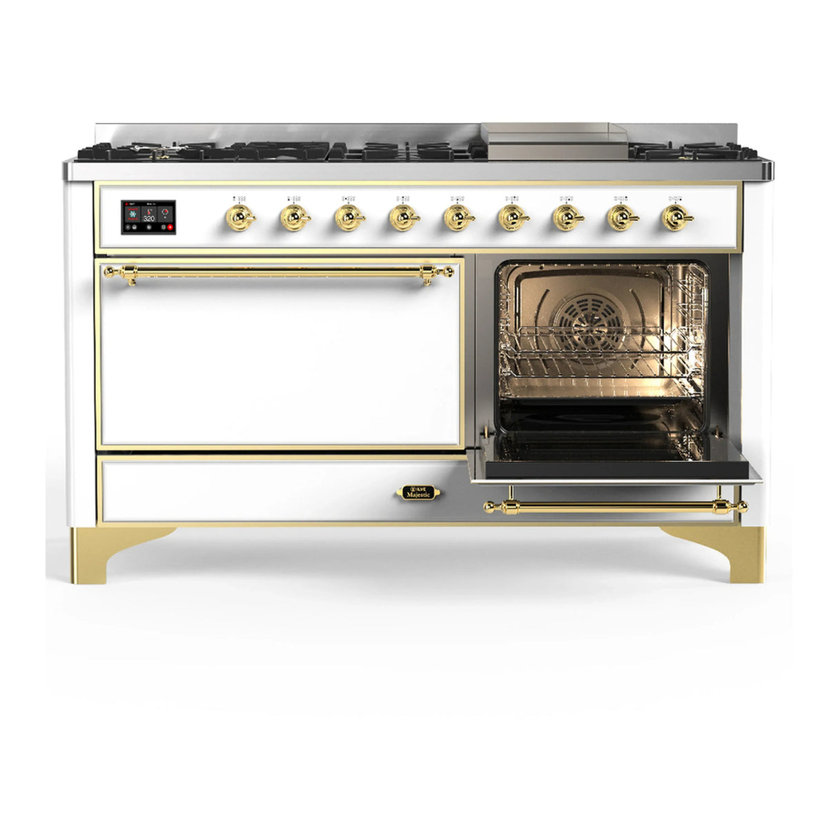 ILVE Majestic III 60-inch Dual Fuel Range with 5 Liquid Propane Burner, Griddle and Solid Door Electric Oven in White with Brass Trim (UM60FQNR3WHGLP)