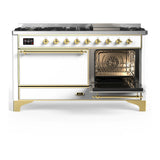 ILVE Majestic III 60-inch Dual Fuel Range with 5 Liquid Propane Burner, Griddle and Solid Door Electric Oven in White with Brass Trim (UM60FQNR3WHGLP)