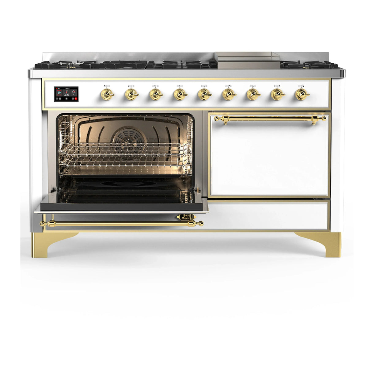 ILVE Majestic III 60-inch Dual Fuel Range with 5 Liquid Propane Burner, Griddle and Solid Door Electric Oven in White with Brass Trim (UM60FQNR3WHGLP)