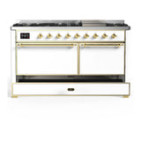 ILVE Majestic III 60-inch Dual Fuel Range with 5 Liquid Propane Burner, Griddle and Solid Door Electric Oven in White with Brass Trim (UM60FQNR3WHGLP)