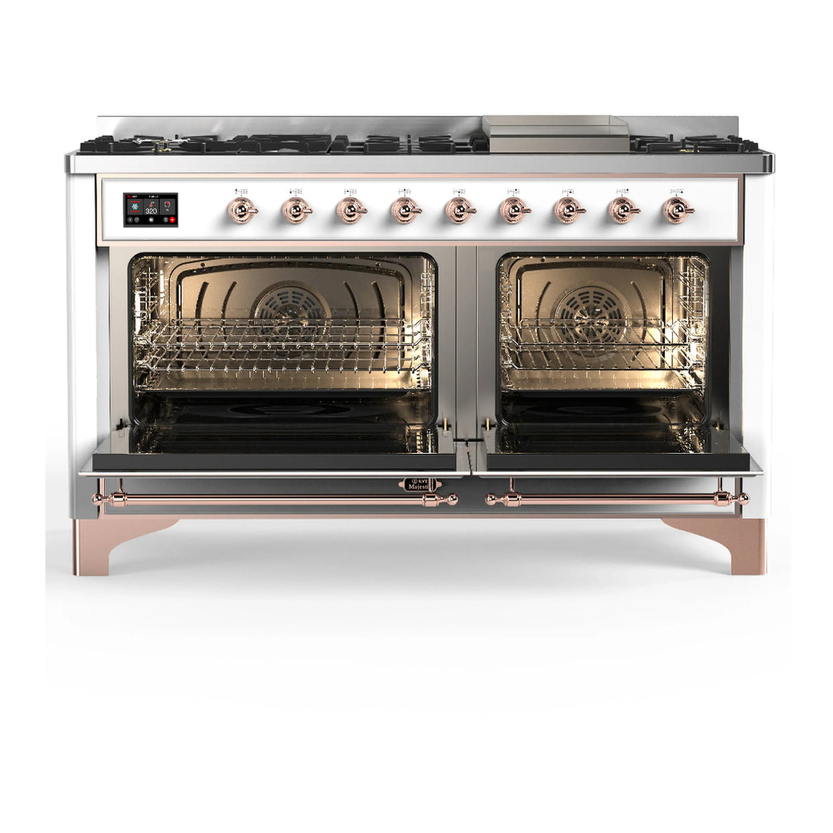 ILVE Majestic III 60-inch Dual Fuel Range with 5 Liquid Propane Burner, Griddle and Solid Door Electric Oven in White with Copper Trim (UM60FQNR3WHPLP)