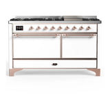 ILVE Majestic III 60-inch Dual Fuel Range with 7 Natural Gas Burner, Griddle and Solid Door Electric Oven in White with Copper Trim (UM60FQNR3WHP)