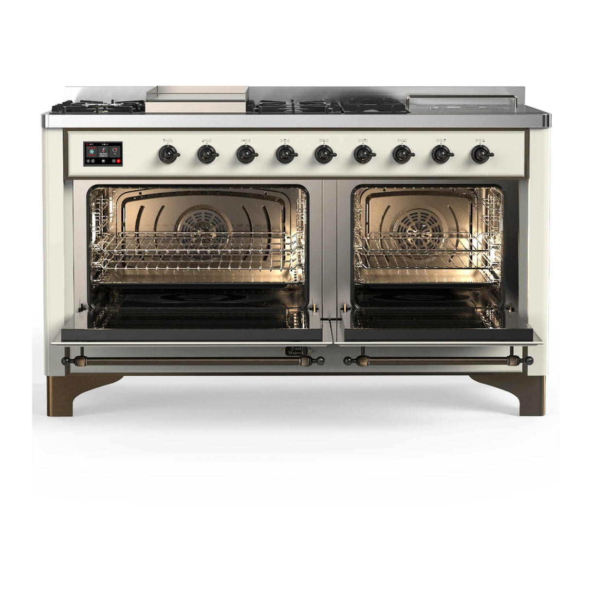 ILVE Majestic III 60-inch Dual Fuel Range with 5 Liquid Propane Burner, Griddle, French Top and Triple Glass Door Electric Oven in Antique White with Burnished Trim (UM60FSNR3AWBLP)