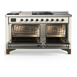 ILVE Majestic III 60-inch Dual Fuel Range with 5 Liquid Propane Burner, Griddle, French Top and Triple Glass Door Electric Oven in Antique White with Burnished Trim (UM60FSNR3AWBLP)
