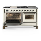 ILVE Majestic III 60-inch Dual Fuel Range with 5 Liquid Propane Burner, Griddle, French Top and Triple Glass Door Electric Oven in Antique White with Burnished Trim (UM60FSNR3AWBLP)
