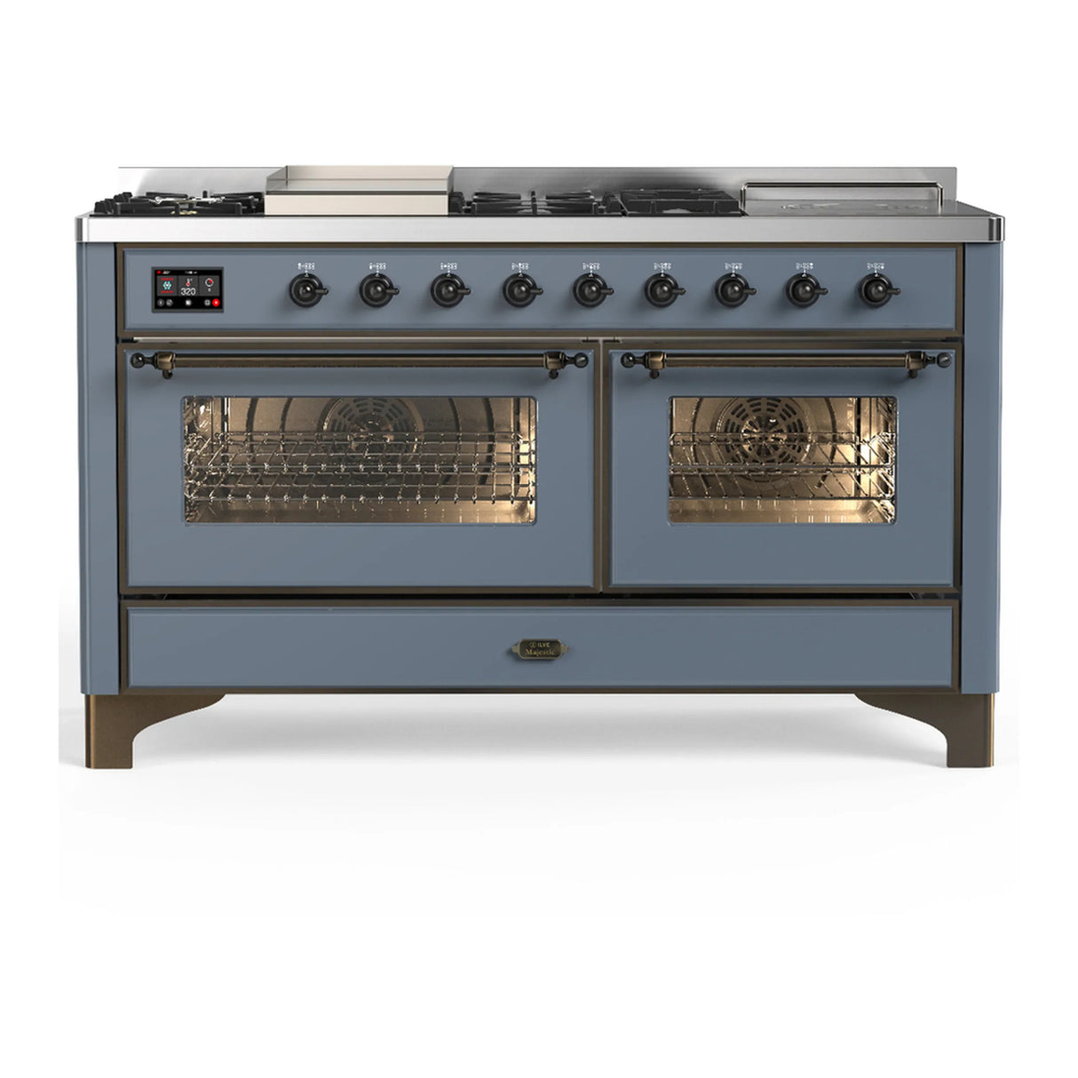 ILVE Majestic III 60-inch Dual Fuel Range with 7 Natural Gas Burner, Griddle, French Top and Triple Glass Door Electric Oven in Blue Grey with Burnished Trim (UM60FSNR3BGB)