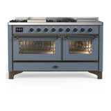 ILVE Majestic III 60-inch Dual Fuel Range with 7 Natural Gas Burner, Griddle, French Top and Triple Glass Door Electric Oven in Blue Grey with Burnished Trim (UM60FSNR3BGB)