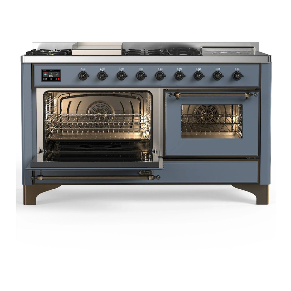 ILVE Majestic III 60-inch Dual Fuel Range with 7 Natural Gas Burner, Griddle, French Top and Triple Glass Door Electric Oven in Blue Grey with Burnished Trim (UM60FSNR3BGB)