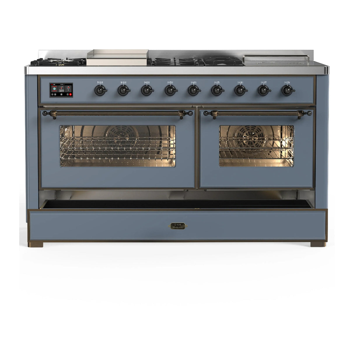 ILVE Majestic III 60-inch Dual Fuel Range with 7 Natural Gas Burner, Griddle, French Top and Triple Glass Door Electric Oven in Blue Grey with Burnished Trim (UM60FSNR3BGB)