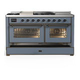 ILVE Majestic III 60-inch Dual Fuel Range with 7 Natural Gas Burner, Griddle, French Top and Triple Glass Door Electric Oven in Blue Grey with Burnished Trim (UM60FSNR3BGB)