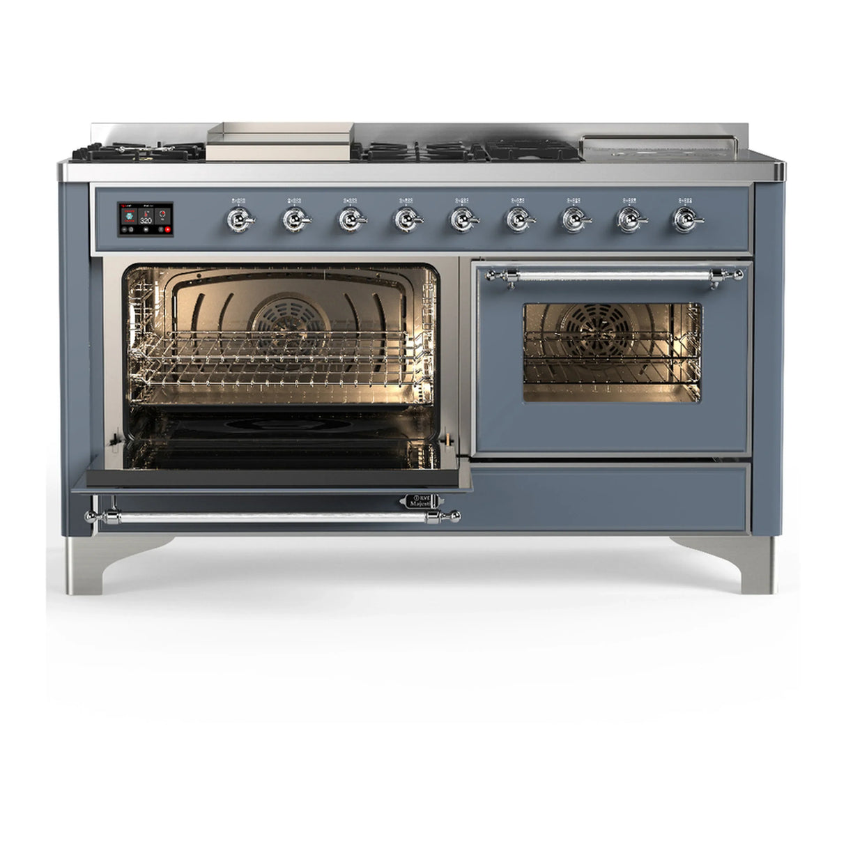 ILVE Majestic III 60-inch Dual Fuel Range with 7 Natural Gas Burner, Griddle, French Top and Triple Glass Door Electric Oven in Blue Grey with Chrome Trim (UM60FSNR3BGC)