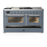 ILVE Majestic III 60-inch Dual Fuel Range with 7 Natural Gas Burner, Griddle, French Top and Triple Glass Door Electric Oven in Blue Grey with Chrome Trim (UM60FSNR3BGC)