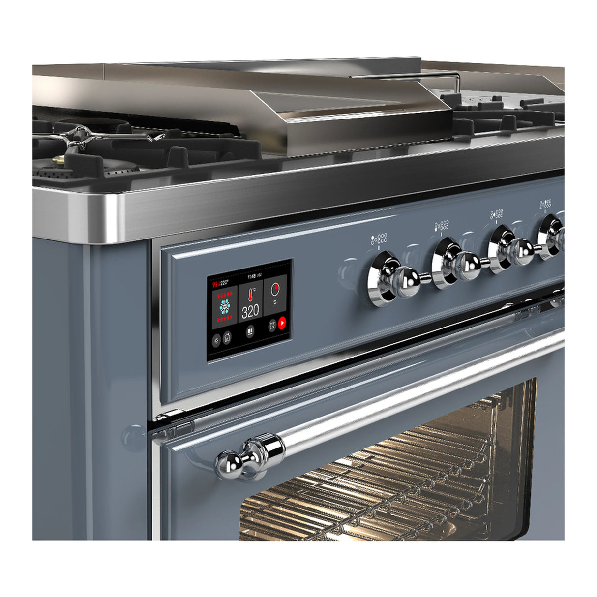 ILVE Majestic III 60-inch Dual Fuel Range with 7 Natural Gas Burner, Griddle, French Top and Triple Glass Door Electric Oven in Blue Grey with Chrome Trim (UM60FSNR3BGC)