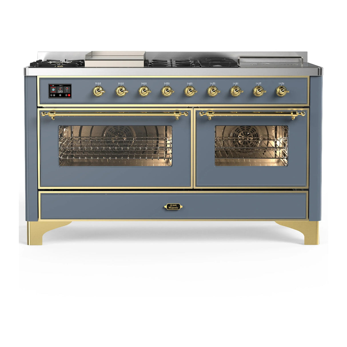 ILVE Majestic III 60-inch Dual Fuel Range with 7 Natural Gas Burner, Griddle, French Top and Triple Glass Door Electric Oven in Blue Grey with Brass Trim (UM60FSNR3BGG)