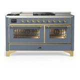 ILVE Majestic III 60-inch Dual Fuel Range with 7 Natural Gas Burner, Griddle, French Top and Triple Glass Door Electric Oven in Blue Grey with Brass Trim (UM60FSNR3BGG)
