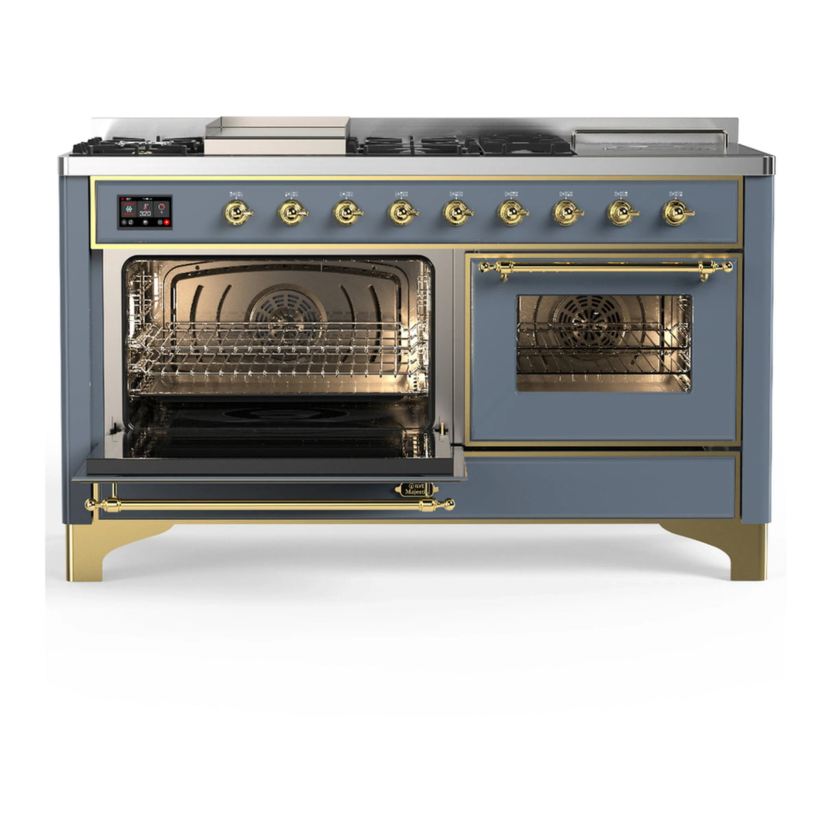 ILVE Majestic III 60-inch Dual Fuel Range with 7 Natural Gas Burner, Griddle, French Top and Triple Glass Door Electric Oven in Blue Grey with Brass Trim (UM60FSNR3BGG)