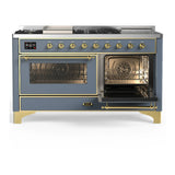 ILVE Majestic III 60-inch Dual Fuel Range with 7 Natural Gas Burner, Griddle, French Top and Triple Glass Door Electric Oven in Blue Grey with Brass Trim (UM60FSNR3BGG)