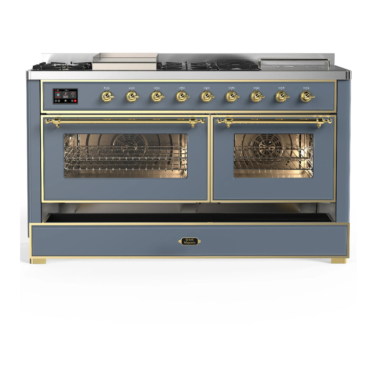 ILVE Majestic III 60-inch Dual Fuel Range with 7 Natural Gas Burner, Griddle, French Top and Triple Glass Door Electric Oven in Blue Grey with Brass Trim (UM60FSNR3BGG)