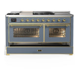 ILVE Majestic III 60-inch Dual Fuel Range with 7 Natural Gas Burner, Griddle, French Top and Triple Glass Door Electric Oven in Blue Grey with Brass Trim (UM60FSNR3BGG)