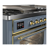 ILVE Majestic III 60-inch Dual Fuel Range with 7 Natural Gas Burner, Griddle, French Top and Triple Glass Door Electric Oven in Blue Grey with Brass Trim (UM60FSNR3BGG)