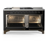 ILVE Majestic III 60-inch Dual Fuel Range with 7 Natural Gas Burner, Griddle, French Top and Triple Glass Door Electric Oven in Glossy Black with Burnished Trim (UM60FSNR3BKB)
