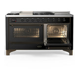 ILVE Majestic III 60-inch Dual Fuel Range with 7 Natural Gas Burner, Griddle, French Top and Triple Glass Door Electric Oven in Glossy Black with Burnished Trim (UM60FSNR3BKB)