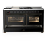 ILVE Majestic III 60-inch Dual Fuel Range with 7 Natural Gas Burner, Griddle, French Top and Triple Glass Door Electric Oven in Glossy Black with Burnished Trim (UM60FSNR3BKB)