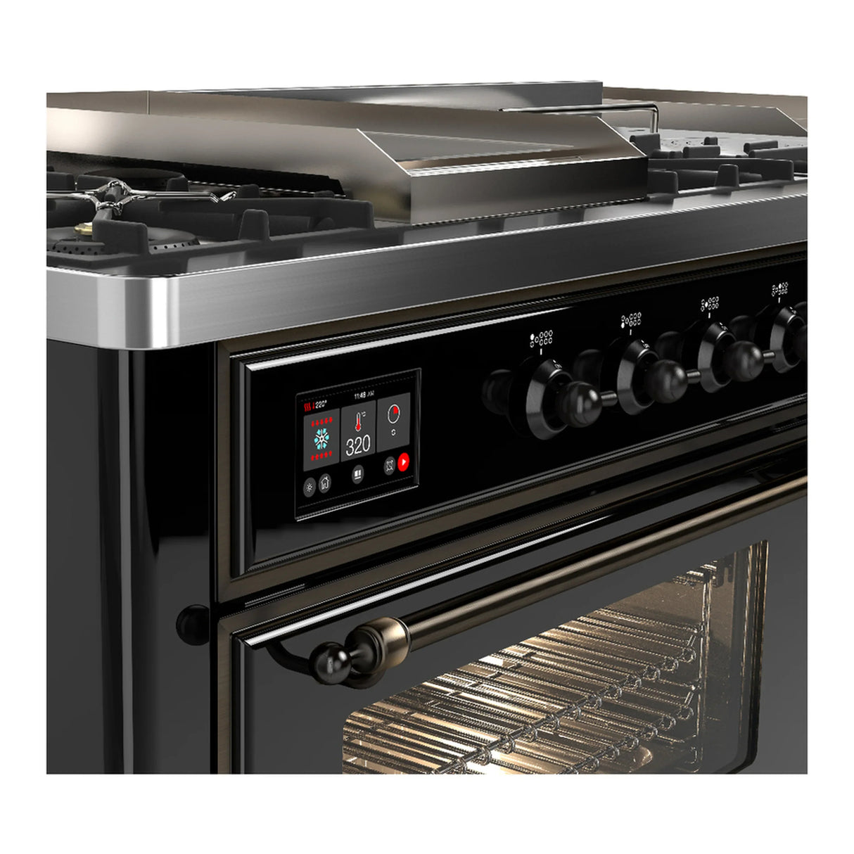 ILVE Majestic III 60-inch Dual Fuel Range with 7 Natural Gas Burner, Griddle, French Top and Triple Glass Door Electric Oven in Glossy Black with Burnished Trim (UM60FSNR3BKB)