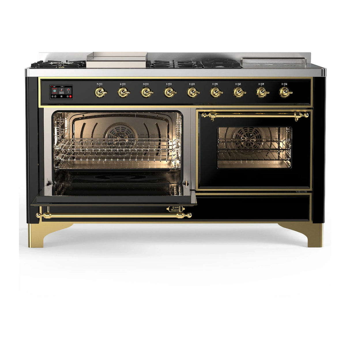ILVE Majestic III 60-inch Dual Fuel Range with 5 Liquid Propane Burner, Griddle, French Top and Triple Glass Door Electric Oven in Glossy Black with Brass Trim (UM60FSNR3BKGLP)