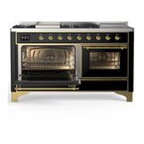 ILVE Majestic III 60-inch Dual Fuel Range with 5 Liquid Propane Burner, Griddle, French Top and Triple Glass Door Electric Oven in Glossy Black with Brass Trim (UM60FSNR3BKGLP)