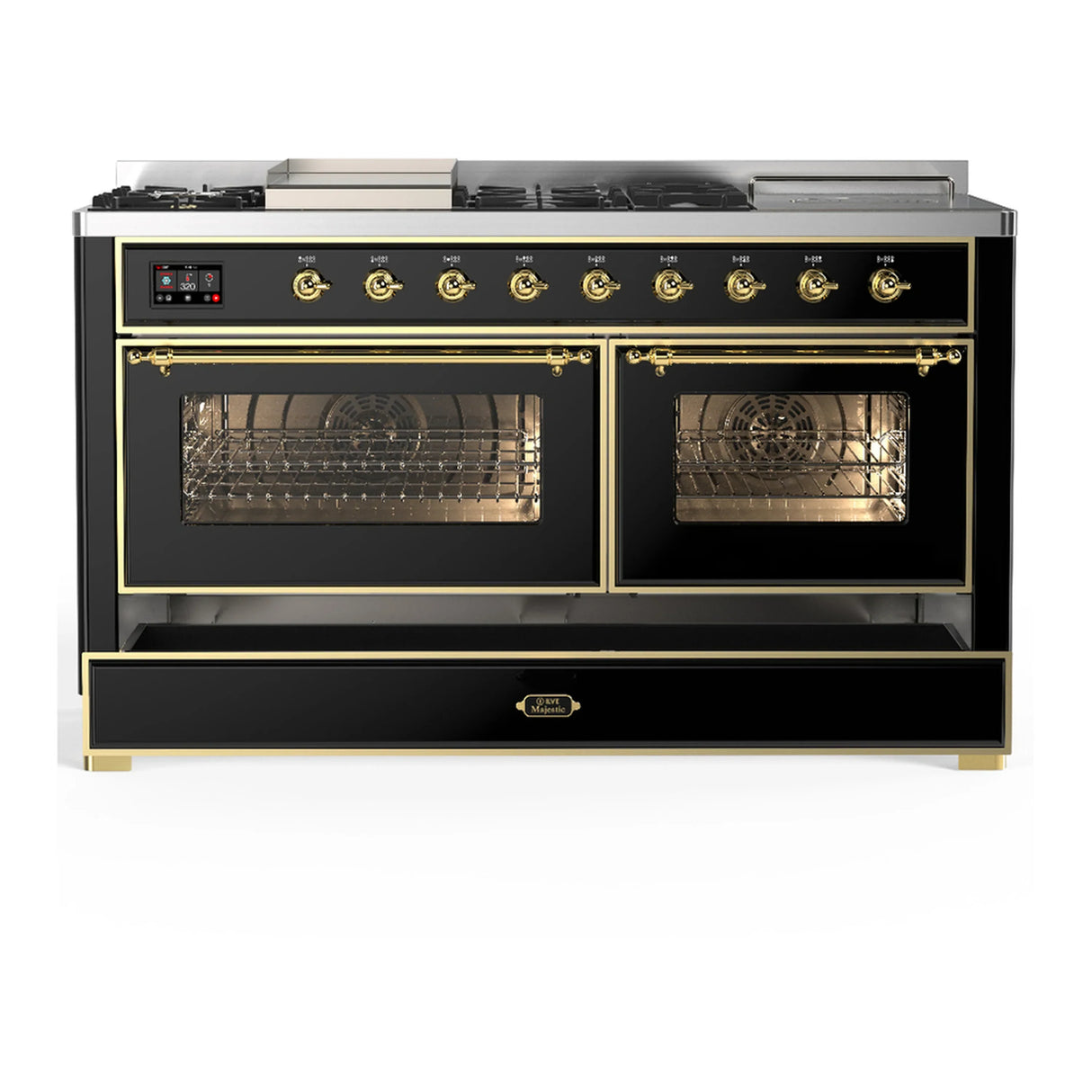 ILVE Majestic III 60-inch Dual Fuel Range with 5 Liquid Propane Burner, Griddle, French Top and Triple Glass Door Electric Oven in Glossy Black with Brass Trim (UM60FSNR3BKGLP)