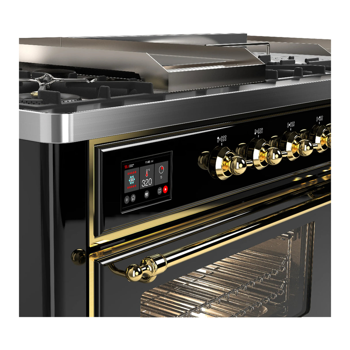 ILVE Majestic III 60-inch Dual Fuel Range with 5 Liquid Propane Burner, Griddle, French Top and Triple Glass Door Electric Oven in Glossy Black with Brass Trim (UM60FSNR3BKGLP)
