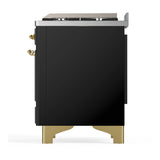 ILVE Majestic III 60-inch Dual Fuel Range with 5 Liquid Propane Burner, Griddle, French Top and Triple Glass Door Electric Oven in Glossy Black with Brass Trim (UM60FSNR3BKGLP)