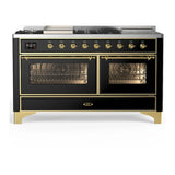 ILVE Majestic III 60-inch Dual Fuel Range with 7 Natural Gas Burner, Griddle, French Top and Triple Glass Door Electric Oven in Glossy Black with Brass Trim (UM60FSNR3BKG)