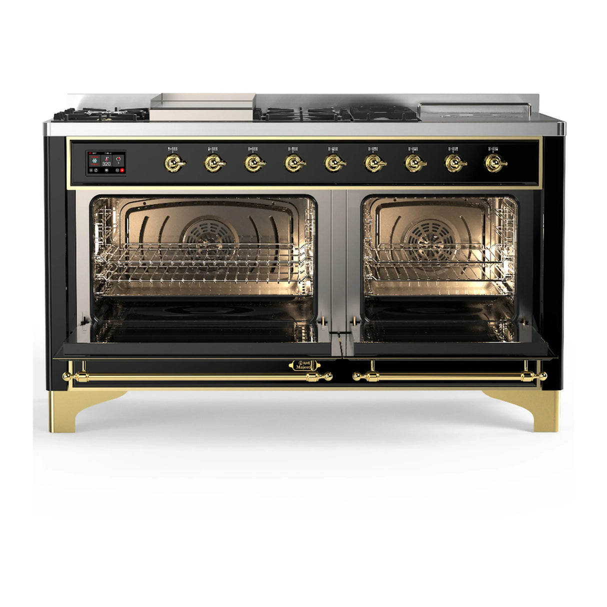ILVE Majestic III 60-inch Dual Fuel Range with 7 Natural Gas Burner, Griddle, French Top and Triple Glass Door Electric Oven in Glossy Black with Brass Trim (UM60FSNR3BKG)