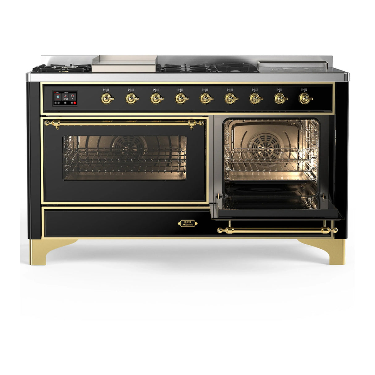 ILVE Majestic III 60-inch Dual Fuel Range with 7 Natural Gas Burner, Griddle, French Top and Triple Glass Door Electric Oven in Glossy Black with Brass Trim (UM60FSNR3BKG)