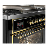 ILVE Majestic III 60-inch Dual Fuel Range with 7 Natural Gas Burner, Griddle, French Top and Triple Glass Door Electric Oven in Glossy Black with Brass Trim (UM60FSNR3BKG)