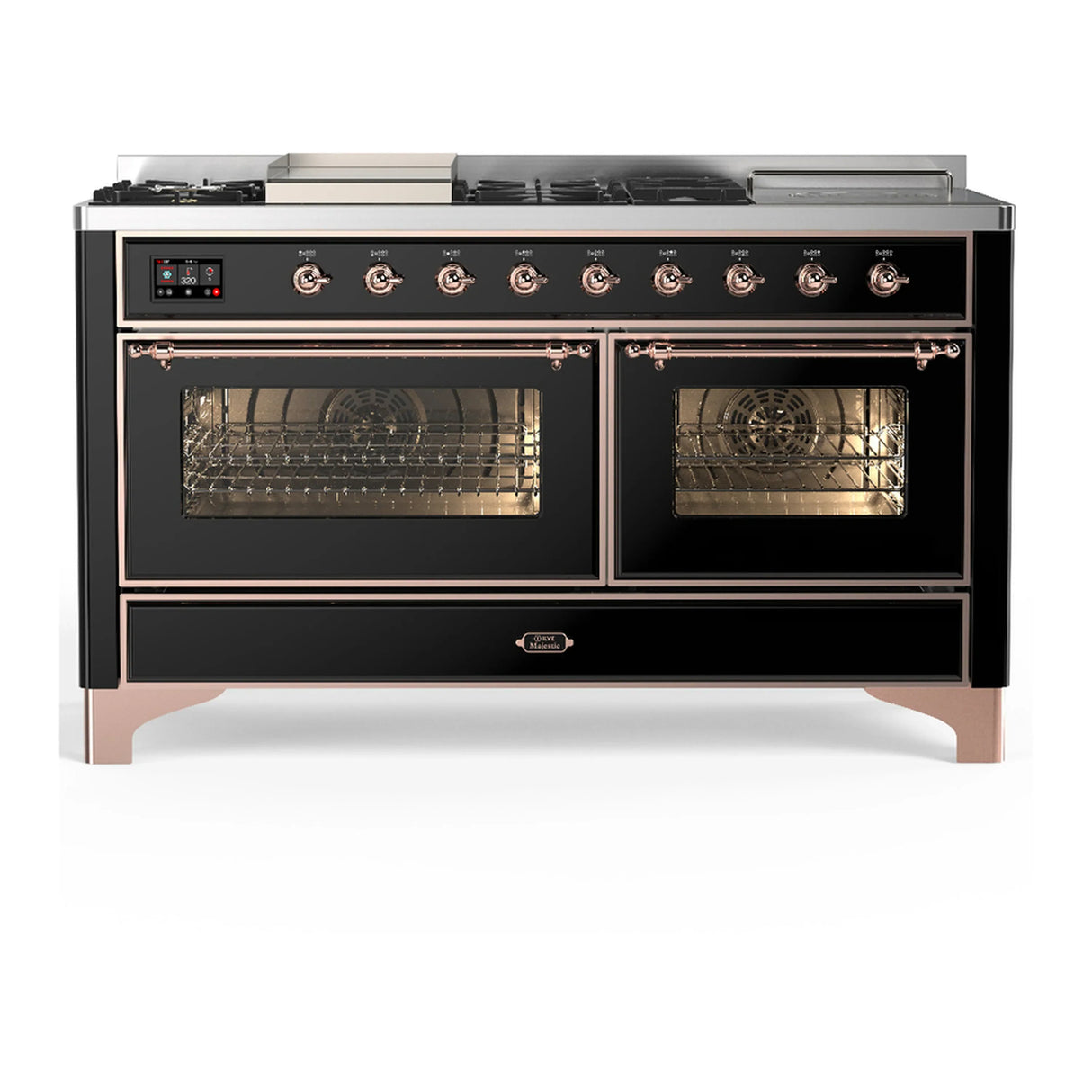 ILVE Majestic III 60-inch Dual Fuel Range with 5 Liquid Propane Burner, Griddle, French Top and Triple Glass Door Electric Oven in Glossy Black with Copper Trim (UM60FSNR3BKPLP)