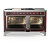 ILVE Majestic III 60-inch Dual Fuel Range with 7 Natural Gas Burner, Griddle, French Top and Triple Glass Door Electric Oven in Burgundy with Chrome Trim (UM60FSNR3BUC)