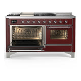 ILVE Majestic III 60-inch Dual Fuel Range with 7 Natural Gas Burner, Griddle, French Top and Triple Glass Door Electric Oven in Burgundy with Chrome Trim (UM60FSNR3BUC)