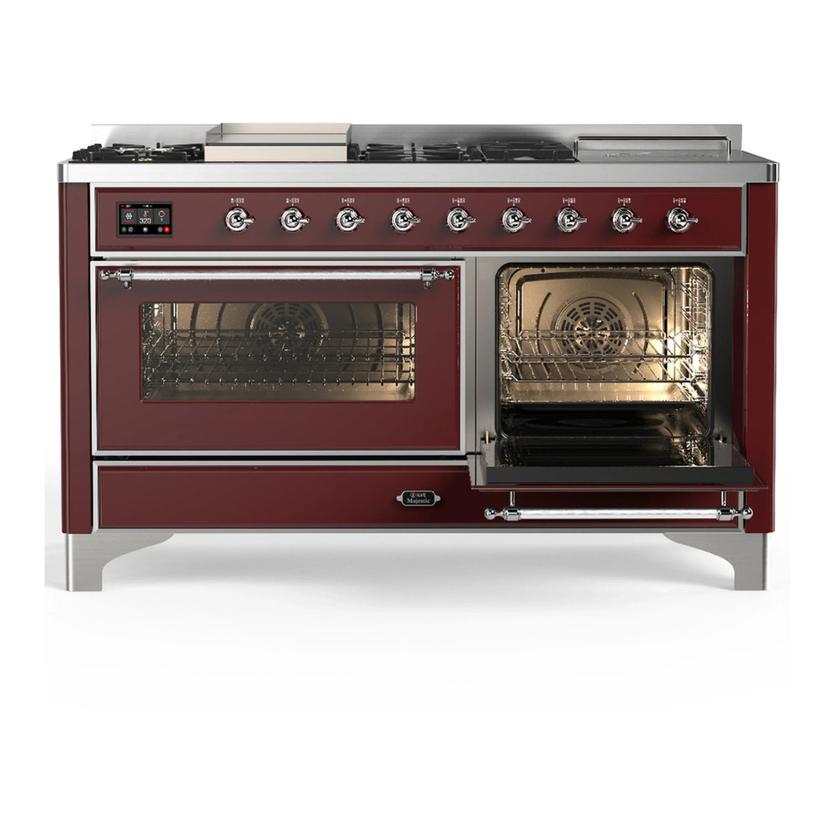 ILVE Majestic III 60-inch Dual Fuel Range with 7 Natural Gas Burner, Griddle, French Top and Triple Glass Door Electric Oven in Burgundy with Chrome Trim (UM60FSNR3BUC)