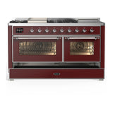ILVE Majestic III 60-inch Dual Fuel Range with 7 Natural Gas Burner, Griddle, French Top and Triple Glass Door Electric Oven in Burgundy with Chrome Trim (UM60FSNR3BUC)