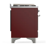ILVE Majestic III 60-inch Dual Fuel Range with 7 Natural Gas Burner, Griddle, French Top and Triple Glass Door Electric Oven in Burgundy with Chrome Trim (UM60FSNR3BUC)