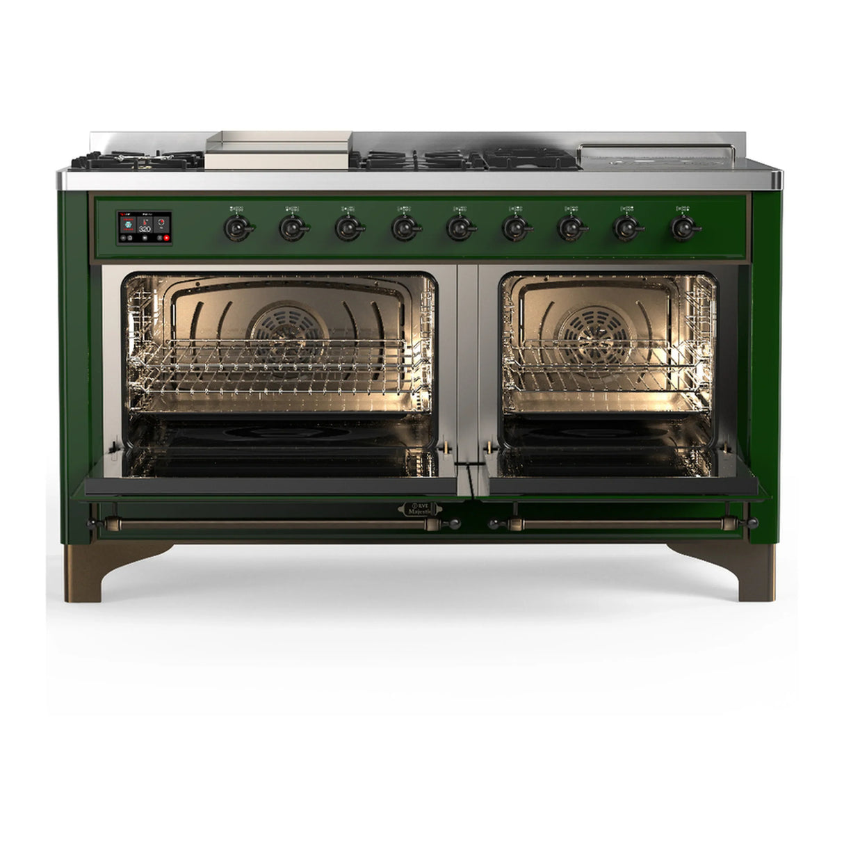 ILVE Majestic III 60-inch Dual Fuel Range with 5 Liquid Propane Burner, Griddle, French Top and Triple Glass Door Electric Oven in Emerald Green with Burnished Trim (UM60FSNR3EGBLP)
