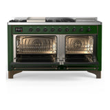 ILVE Majestic III 60-inch Dual Fuel Range with 5 Liquid Propane Burner, Griddle, French Top and Triple Glass Door Electric Oven in Emerald Green with Burnished Trim (UM60FSNR3EGBLP)