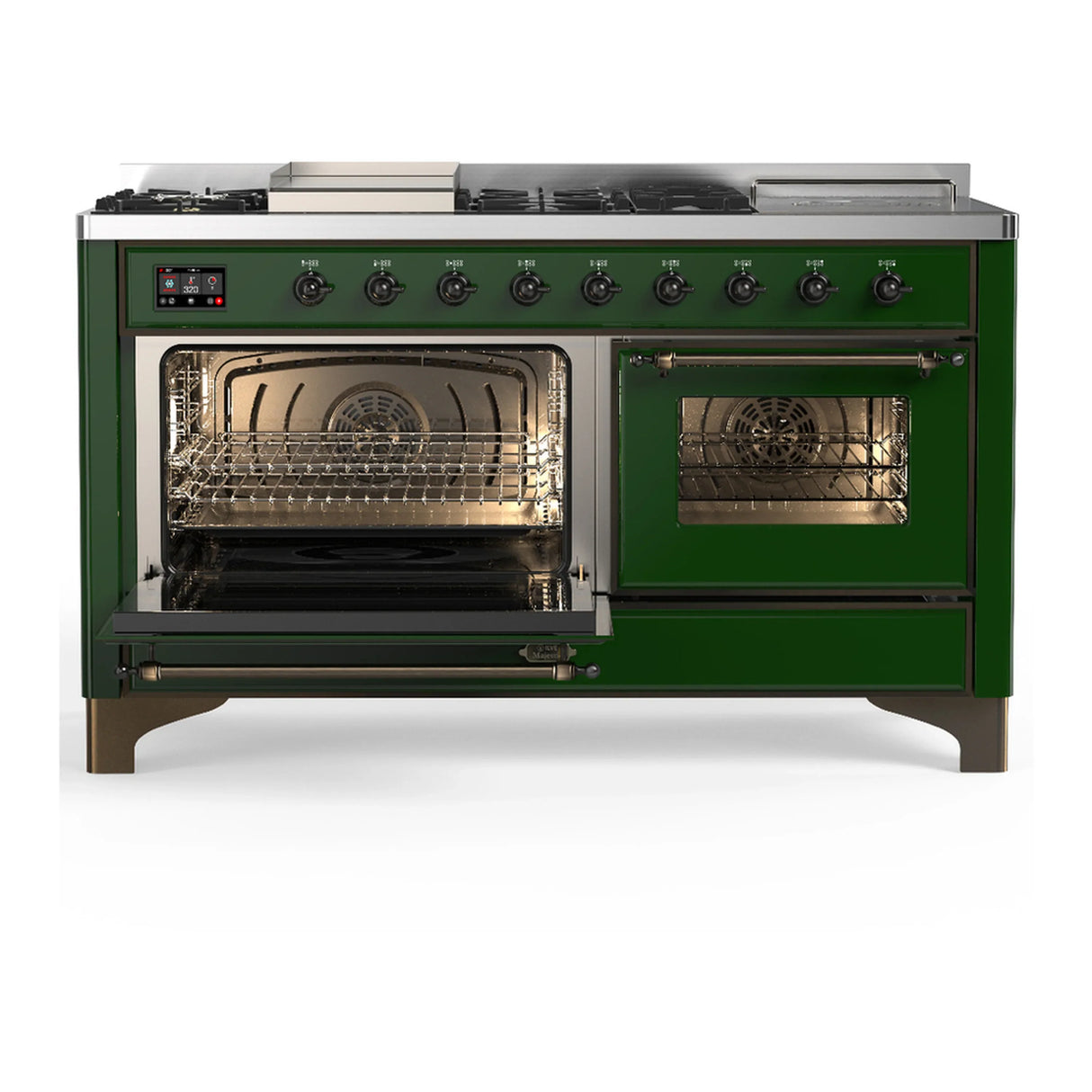ILVE Majestic III 60-inch Dual Fuel Range with 5 Liquid Propane Burner, Griddle, French Top and Triple Glass Door Electric Oven in Emerald Green with Burnished Trim (UM60FSNR3EGBLP)