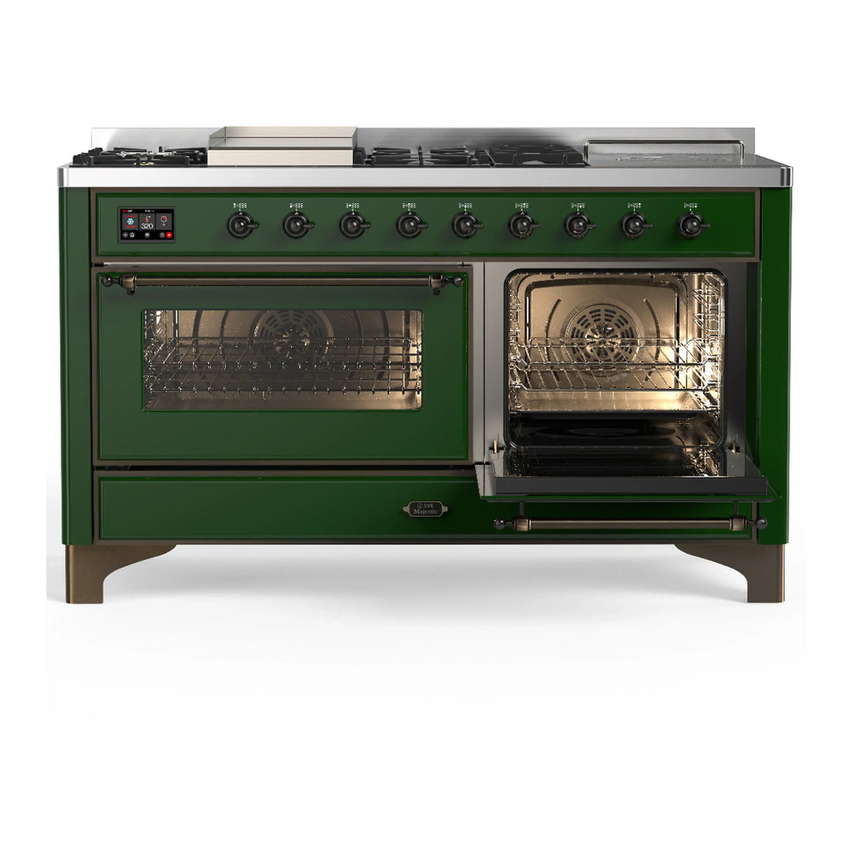 ILVE Majestic III 60-inch Dual Fuel Range with 5 Liquid Propane Burner, Griddle, French Top and Triple Glass Door Electric Oven in Emerald Green with Burnished Trim (UM60FSNR3EGBLP)